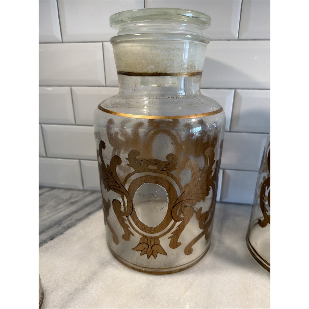Set Of 5 Antique Clear Glass Apothecary Pharmacy Lidded Jars Gold Hand Decorated - Picture 6 of 16